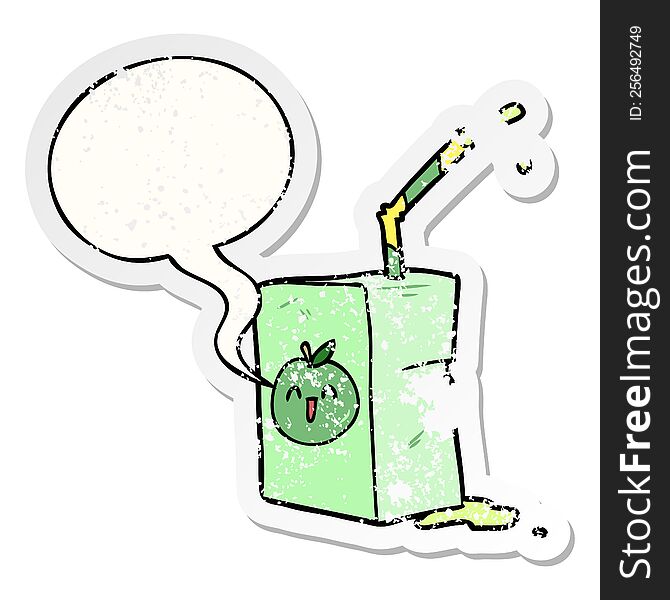 cartoon apple juice box with speech bubble distressed distressed old sticker. cartoon apple juice box with speech bubble distressed distressed old sticker