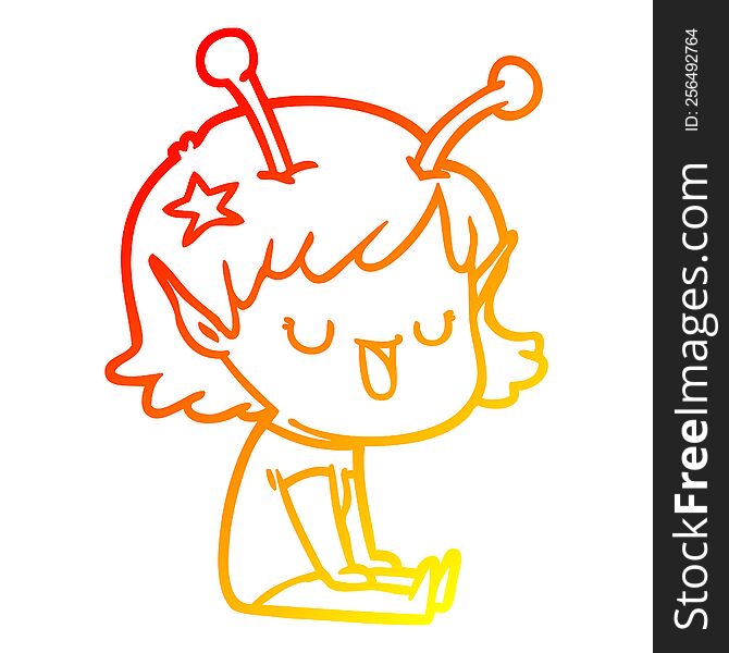 Warm Gradient Line Drawing Happy Alien Girl Cartoon Laughing