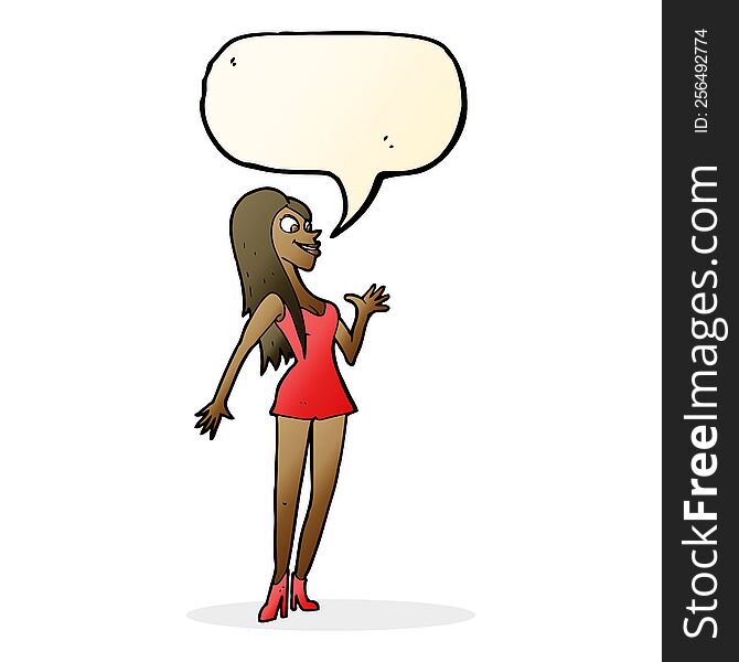 cartoon woman in pink dress with speech bubble