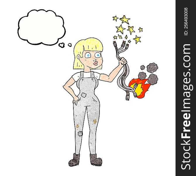 freehand drawn thought bubble textured cartoon female electrician