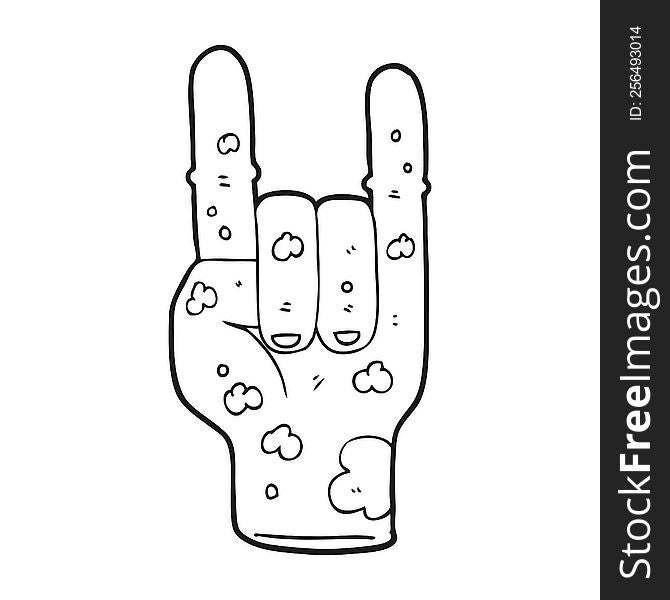 black and white cartoon zombie hand making horn sign