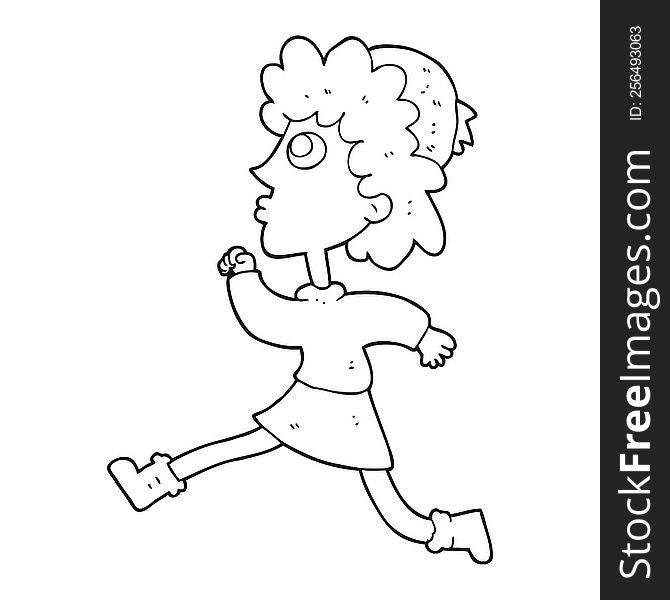 freehand drawn black and white cartoon running woman