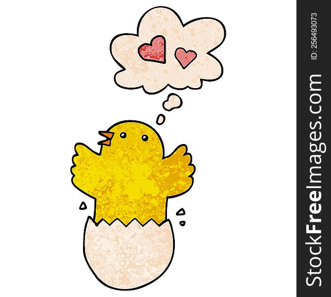 Cute Hatching Chick Cartoon And Thought Bubble In Grunge Texture Pattern Style
