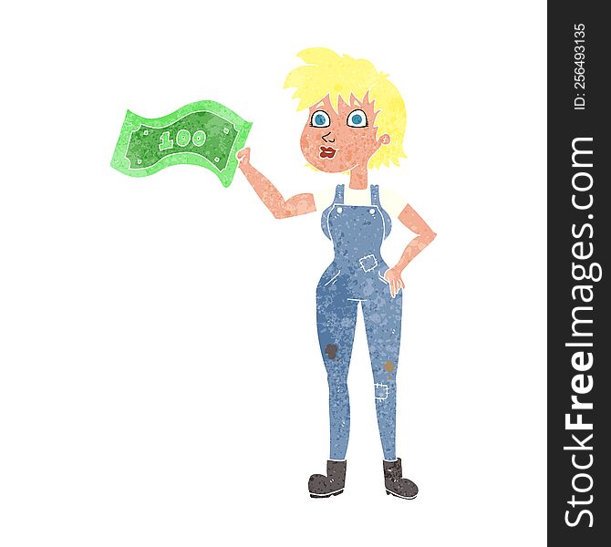 freehand retro cartoon confident farmer woman with money