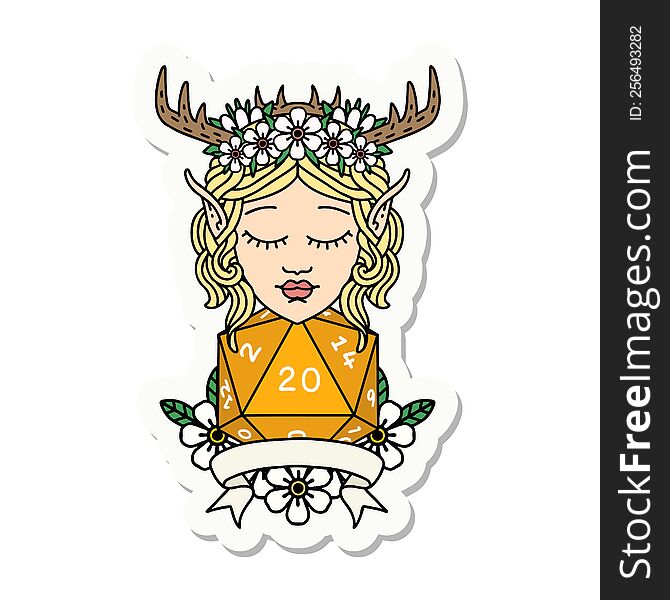 sticker of a elf druid character with natural 20 dice roll. sticker of a elf druid character with natural 20 dice roll