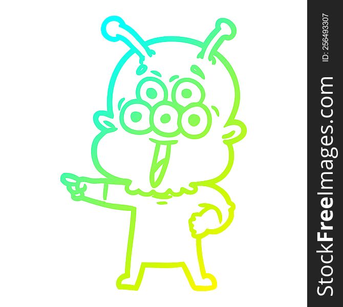 Cold Gradient Line Drawing Happy Cartoon Alien Pointing