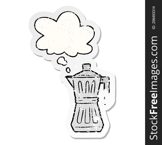 cartoon espresso maker with thought bubble as a distressed worn sticker