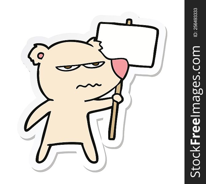 sticker of a angry bear cartoon holding placard