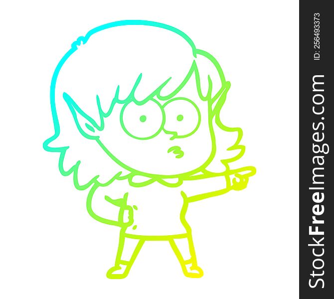 Cold Gradient Line Drawing Cartoon Elf Girl Staring And Pointing