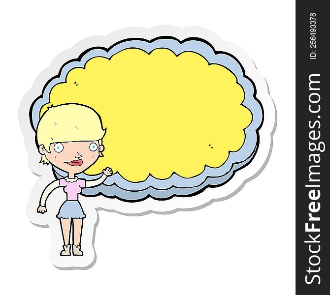 sticker of a cartoon woman with space text cloud