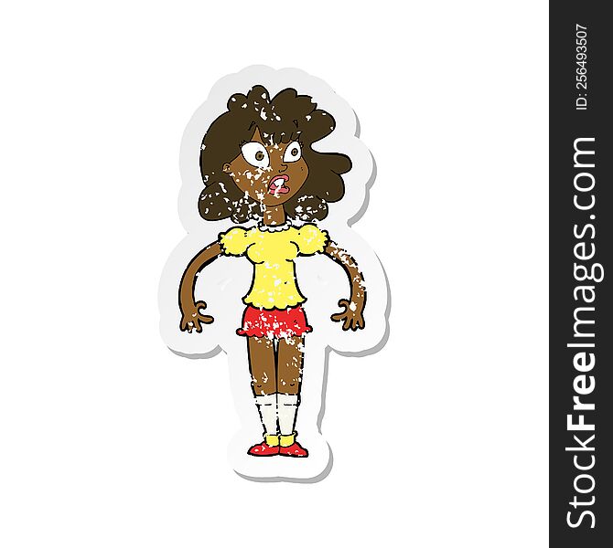 retro distressed sticker of a cartoon pretty girl with shocked expression