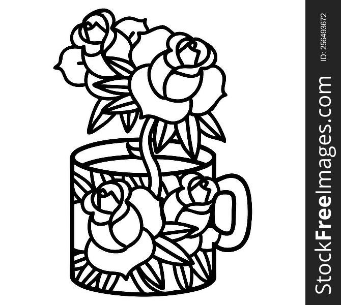 Black Line Tattoo Of A Cup And Flowers