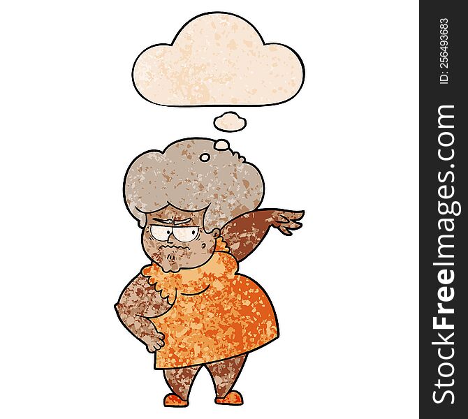 Cartoon Angry Old Woman And Thought Bubble In Grunge Texture Pattern Style