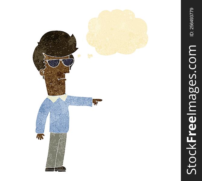 cartoon man in glasses pointing with thought bubble