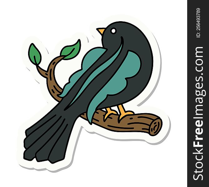 sticker of tattoo in traditional style of a bird on a branch. sticker of tattoo in traditional style of a bird on a branch