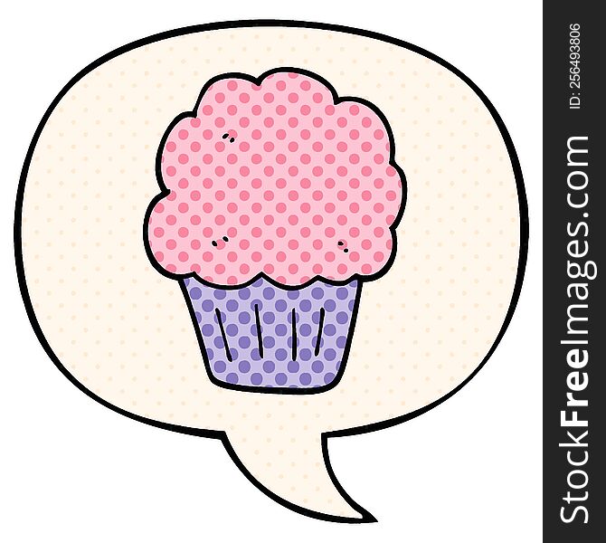 cartoon cupcake with speech bubble in comic book style