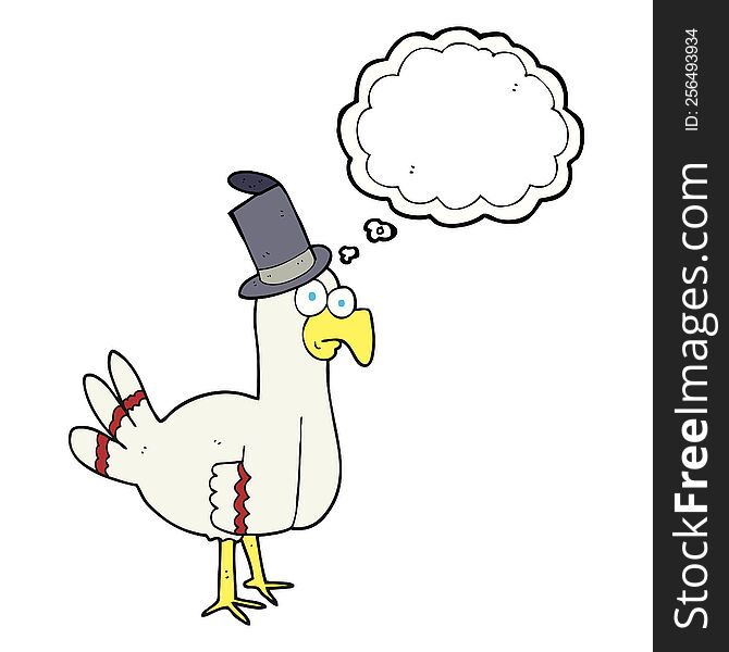freehand drawn thought bubble cartoon bird wearing top hat