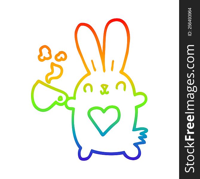 Rainbow Gradient Line Drawing Cute Cartoon Rabbit With Love Heart And Coffee Cup