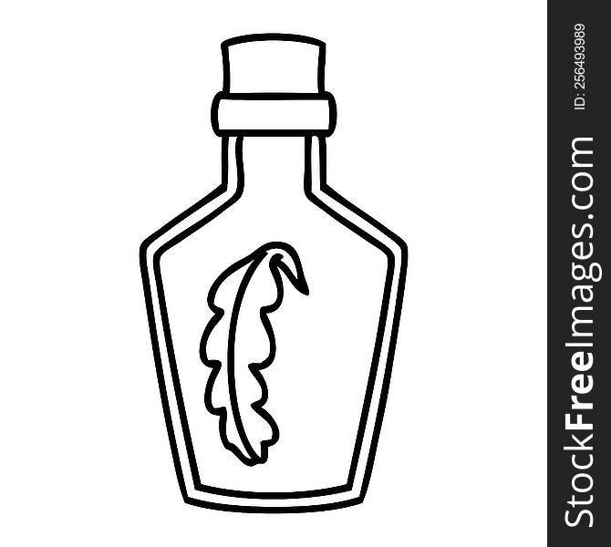 line doodle of a magical feather sealed in a glass bottle. line doodle of a magical feather sealed in a glass bottle