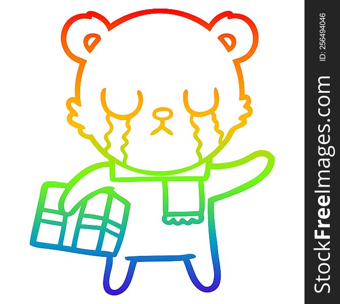 rainbow gradient line drawing of a crying polar bear cartoon with christmas gift
