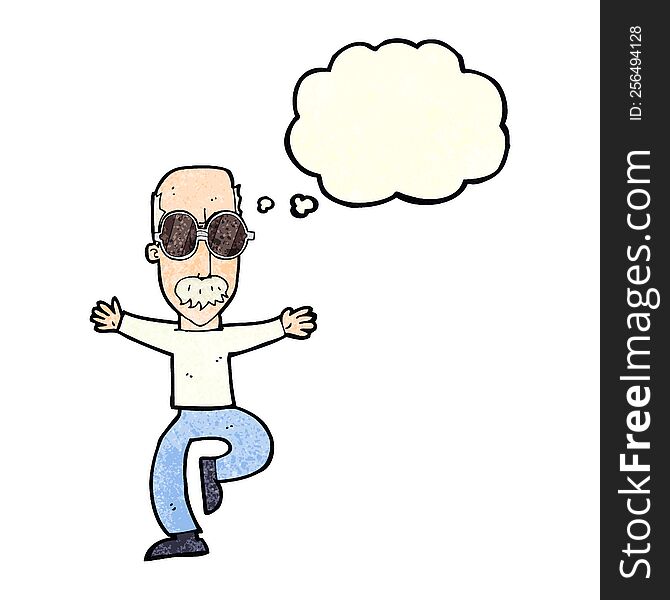 cartoon old man wearing big glasses with thought bubble