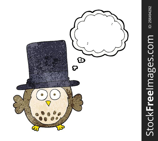 freehand drawn thought bubble textured cartoon owl wearing top hat