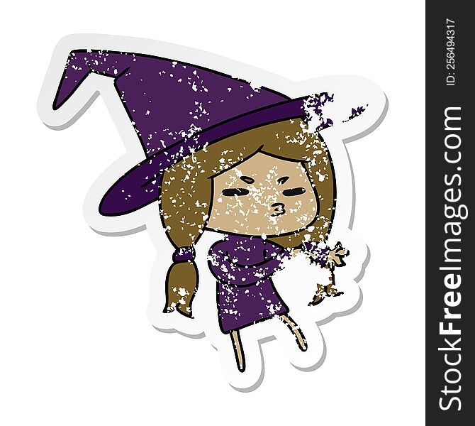 Distressed Sticker Cartoon Of A Cute Witch Kawaii Girl