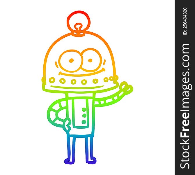 rainbow gradient line drawing of a happy carton robot with light bulb