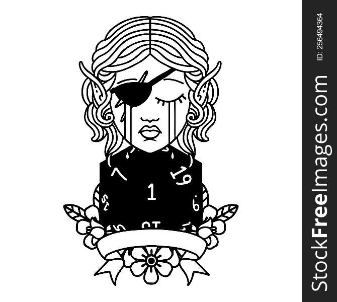 Black and White Tattoo linework Style crying elf rogue character with natural one D20 roll. Black and White Tattoo linework Style crying elf rogue character with natural one D20 roll