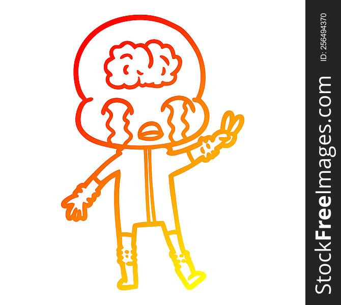 warm gradient line drawing of a cartoon big brain alien crying and giving peace sign