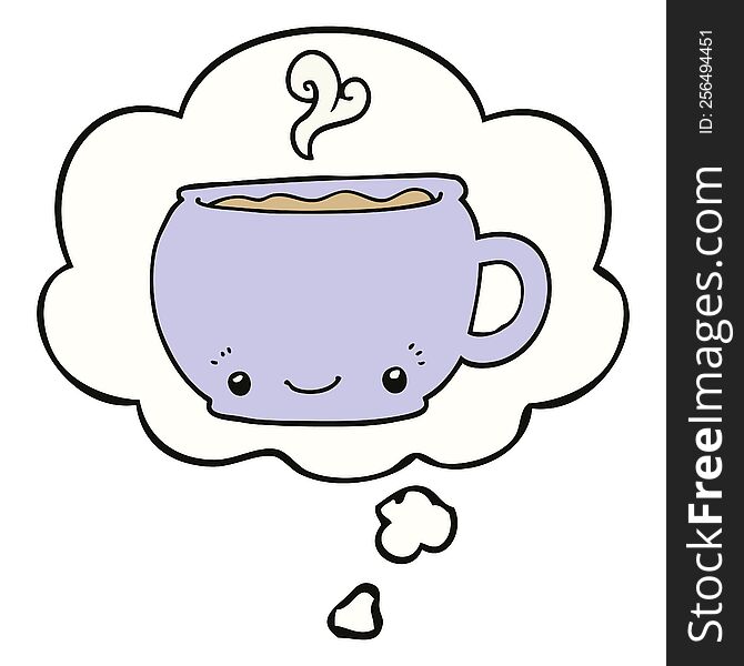 cartoon hot cup of coffee with thought bubble