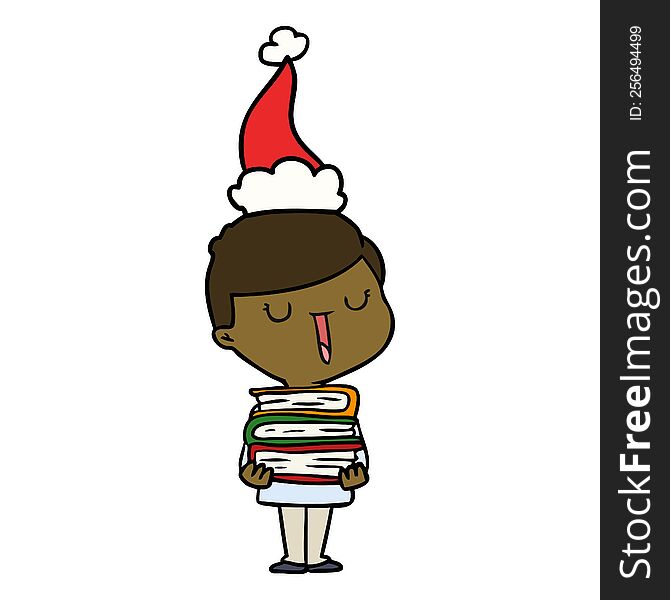 hand drawn line drawing of a happy boy with stack of books wearing santa hat