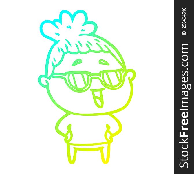 cold gradient line drawing of a cartoon happy woman wearing spectacles