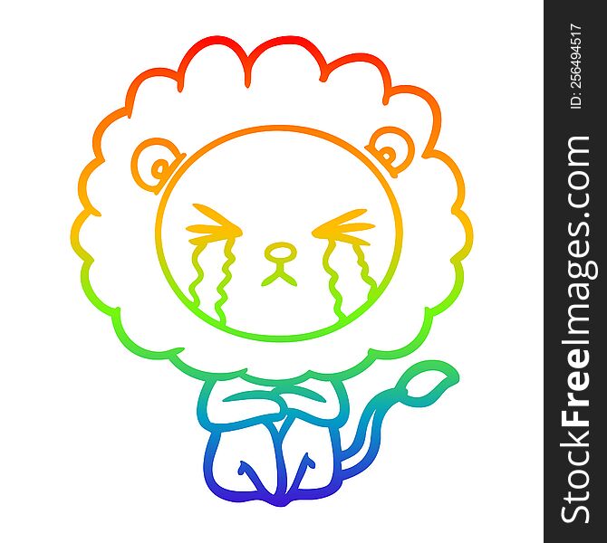 rainbow gradient line drawing of a cartoon crying lion sitting huddled up