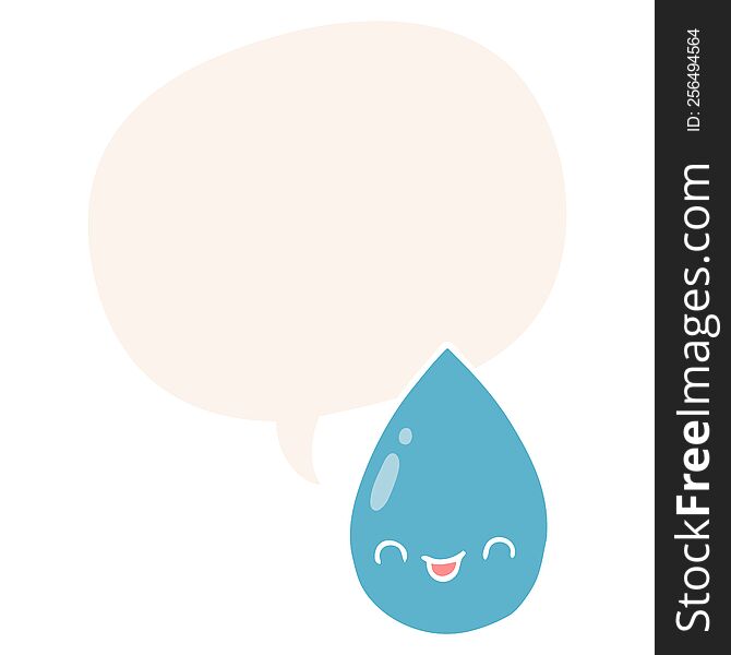 Cartoon Cute Raindrop And Speech Bubble In Retro Style