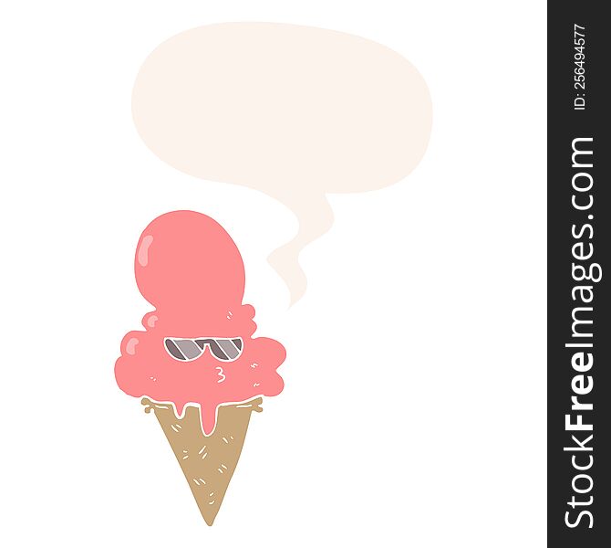 Cartoon Cool Ice Cream And Speech Bubble In Retro Style