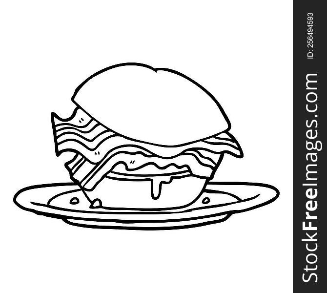 line drawing of a amazingly tasty bacon breakfast sandwich with cheese. line drawing of a amazingly tasty bacon breakfast sandwich with cheese