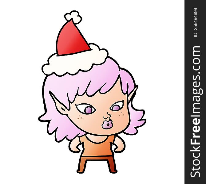 pretty hand drawn gradient cartoon of a elf girl wearing santa hat. pretty hand drawn gradient cartoon of a elf girl wearing santa hat