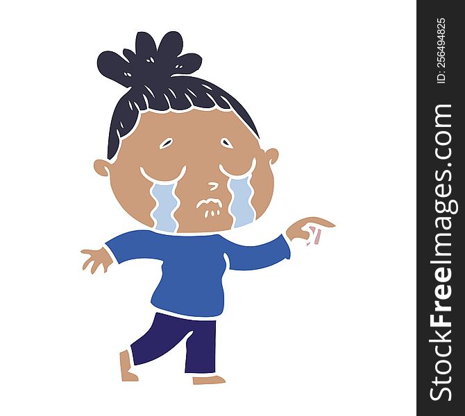 Flat Color Style Cartoon Crying Woman Pointing