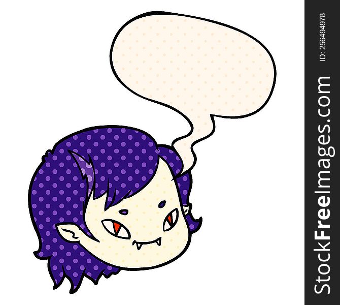 cartoon vampire girl face with speech bubble in comic book style