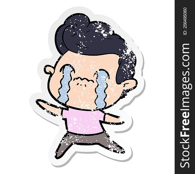 Distressed Sticker Of A Cartoon Man Crying