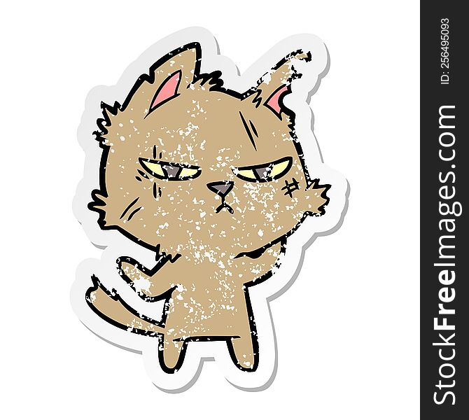 distressed sticker of a tough cartoon cat