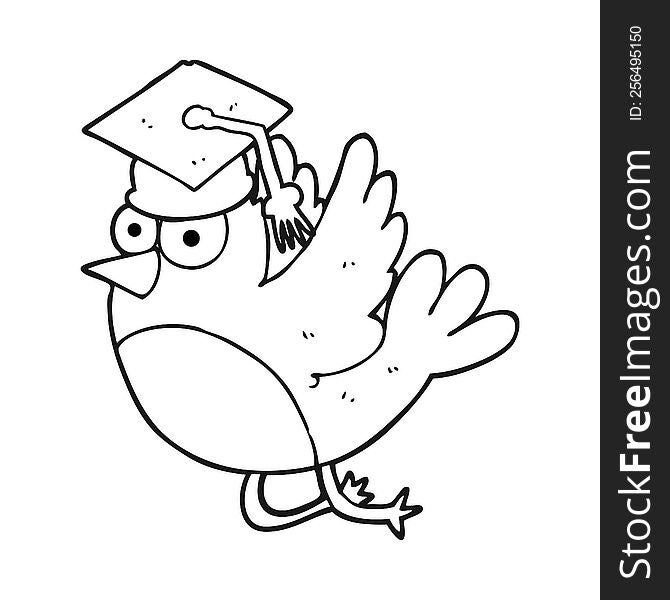 freehand drawn black and white cartoon bird wearing graduation cap