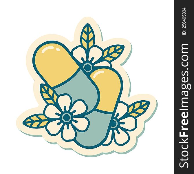 sticker of tattoo in traditional style of pills and flowers. sticker of tattoo in traditional style of pills and flowers