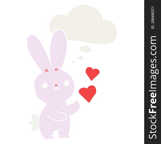 cute cartoon rabbit with love hearts with thought bubble in retro style