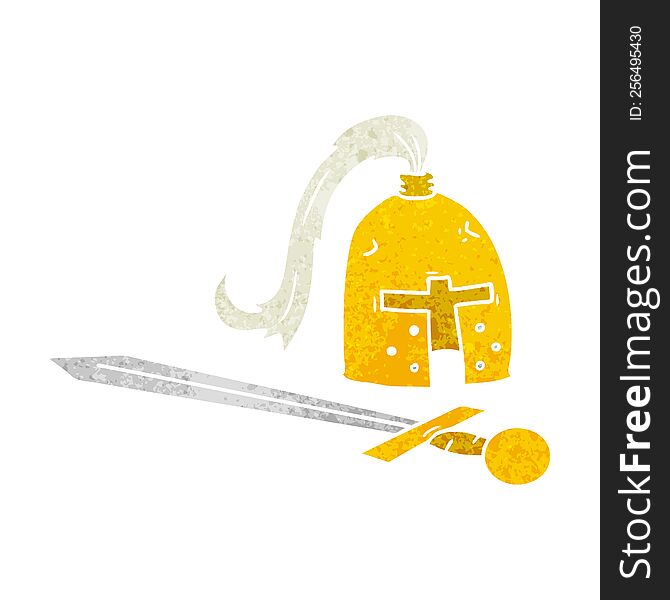 hand drawn retro cartoon doodle of a medieval helmet and sword