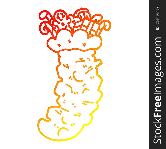 warm gradient line drawing of a cartoon christmas stocking stuffed with toys