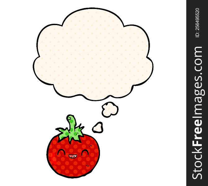cute cartoon tomato with thought bubble in comic book style