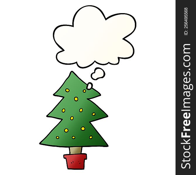 Cartoon Christmas Tree And Thought Bubble In Smooth Gradient Style