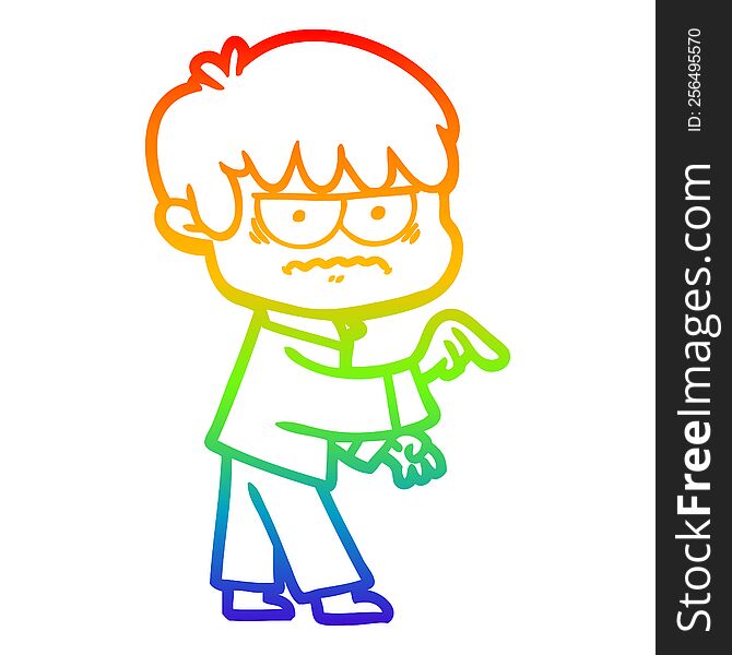 rainbow gradient line drawing of a annoyed cartoon boy